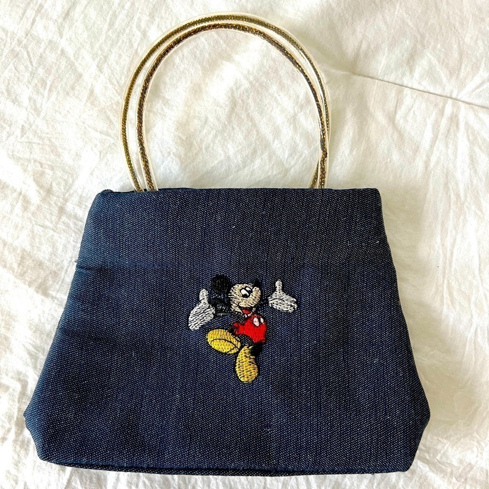 Disney Mickey Mouse Kids Denim Handbag Blue Gold Glitter Handles Mini Tote Bag